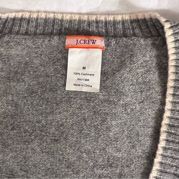 J. Crew Cashmere Argyle V-Neck Long Sleeve Sweater Medium Grey/Yellow/White - Picture 5 of 9